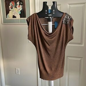 Cache dirt brown medium top rayon poly metallic top blouse vintage beads sequins